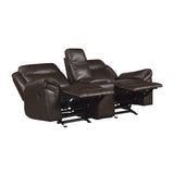 Aram Dark Brown Faux Leather Double Glider Reclining Loveseat with Center Console, Receptacles and USB Ports by Homelegance at Eve Furniture