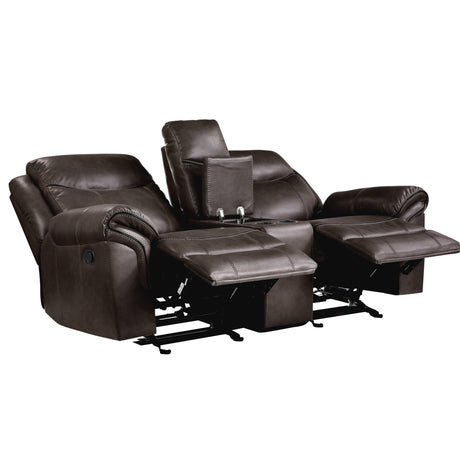 Aram Dark Brown Faux Leather Double Glider Reclining Loveseat with Center Console, Receptacles and USB Ports by Homelegance at Eve Furniture