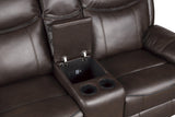 Aram Dark Brown Faux Leather Double Glider Reclining Loveseat with Center Console, Receptacles and USB Ports by Homelegance at Eve Furniture