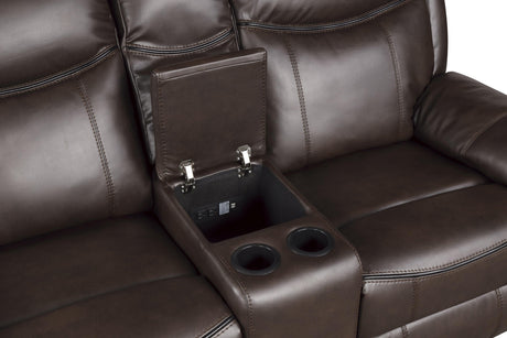 Aram Dark Brown Faux Leather Double Glider Reclining Loveseat with Center Console, Receptacles and USB Ports by Homelegance at Eve Furniture