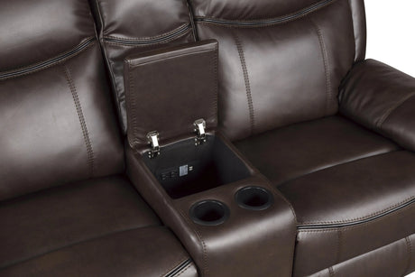 Aram Dark Brown Faux Leather Double Glider Reclining Loveseat with Center Console, Receptacles and USB Ports by Homelegance at Eve Furniture