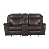 Aram Dark Brown Faux Leather Double Glider Reclining Loveseat with Center Console, Receptacles and USB Ports by Homelegance at Eve Furniture
