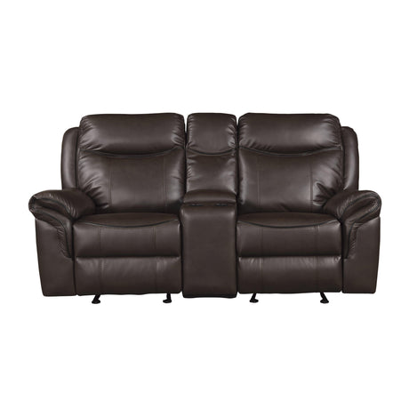Aram Dark Brown Faux Leather Double Glider Reclining Loveseat with Center Console, Receptacles and USB Ports by Homelegance at Eve Furniture