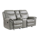Aram Gray Faux Leather Double Glider Reclining Loveseat with Center Console, Receptacles and USB Ports by Homelegance at Eve Furniture