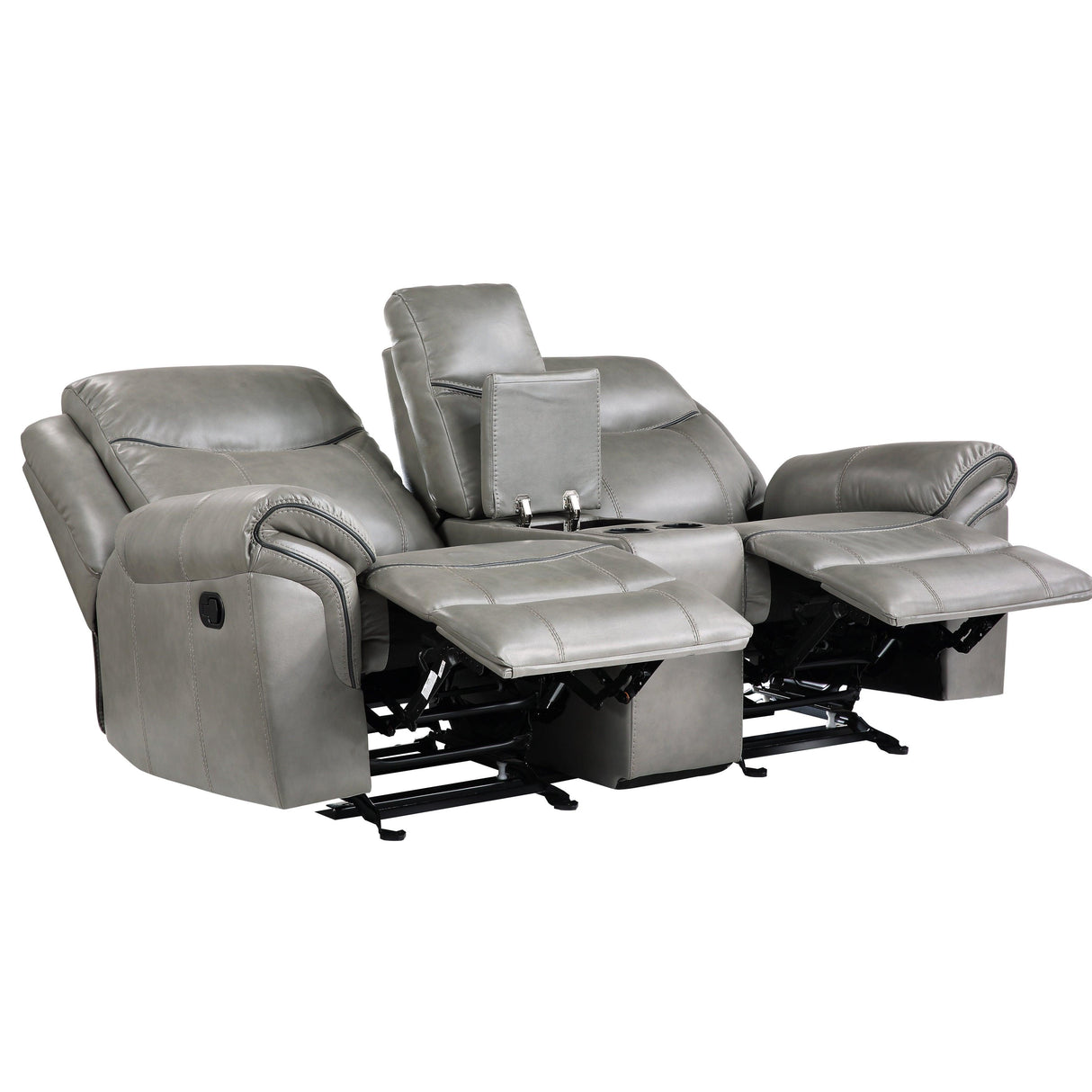 Aram Gray Faux Leather Double Glider Reclining Loveseat with Center Console, Receptacles and USB Ports by Homelegance at Eve Furniture