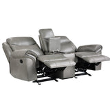 Aram Gray Faux Leather Double Glider Reclining Loveseat with Center Console, Receptacles and USB Ports by Homelegance at Eve Furniture