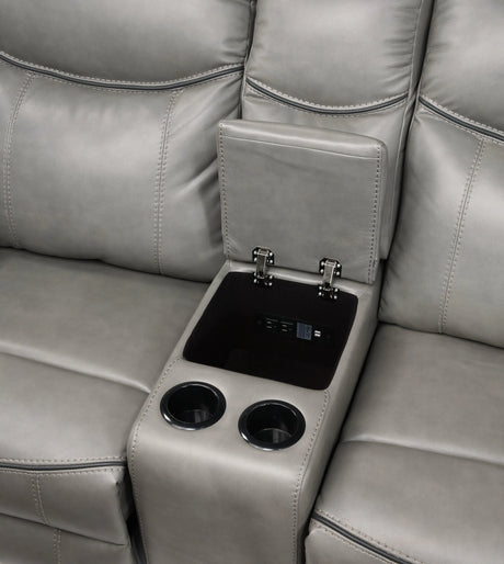 Aram Gray Faux Leather Double Glider Reclining Loveseat with Center Console, Receptacles and USB Ports by Homelegance at Eve Furniture