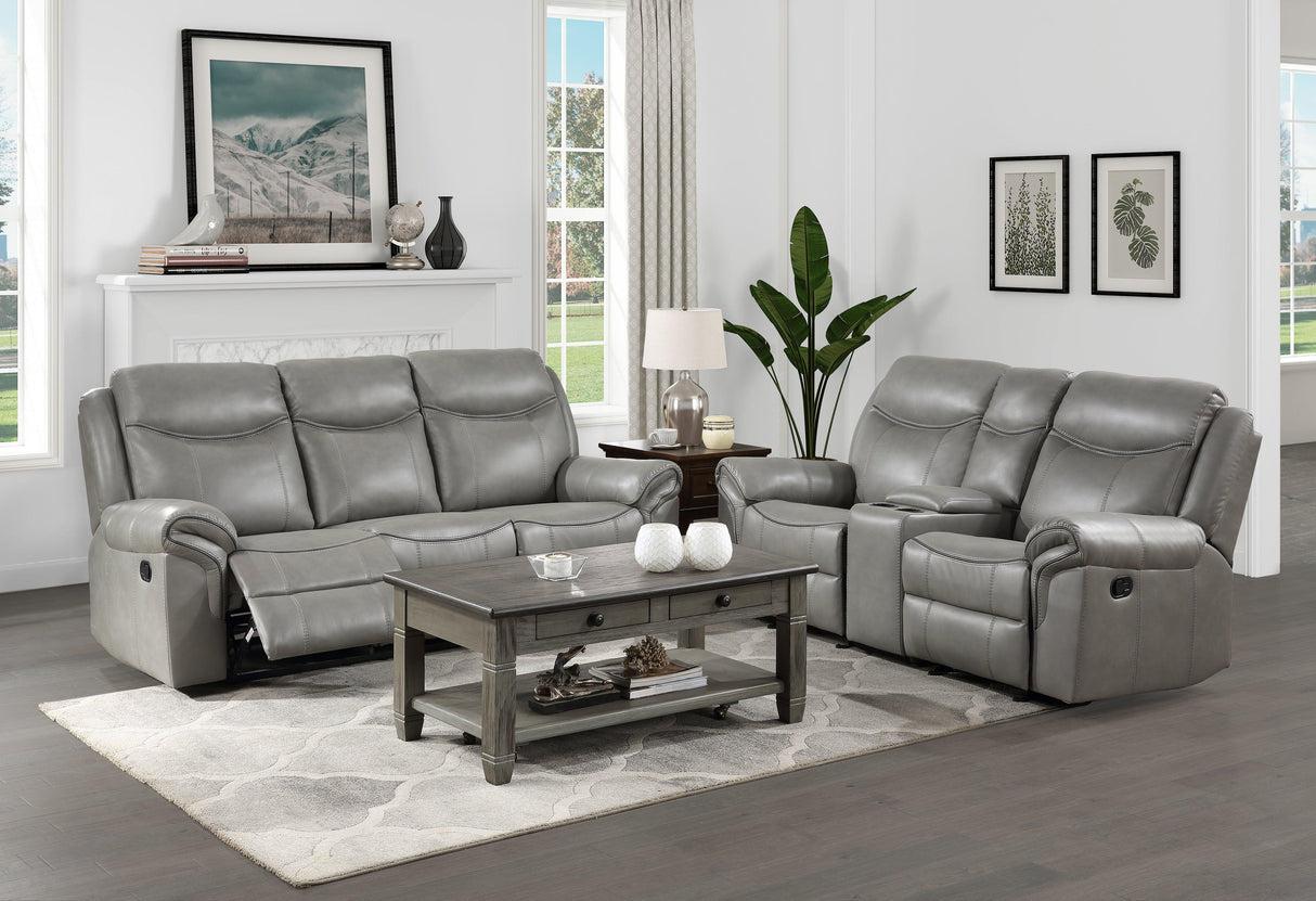 Aram Gray Faux Leather Double Glider Reclining Loveseat with Center Console, Receptacles and USB Ports by Homelegance at Eve Furniture