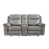 Aram Gray Faux Leather Double Glider Reclining Loveseat with Center Console, Receptacles and USB Ports by Homelegance at Eve Furniture