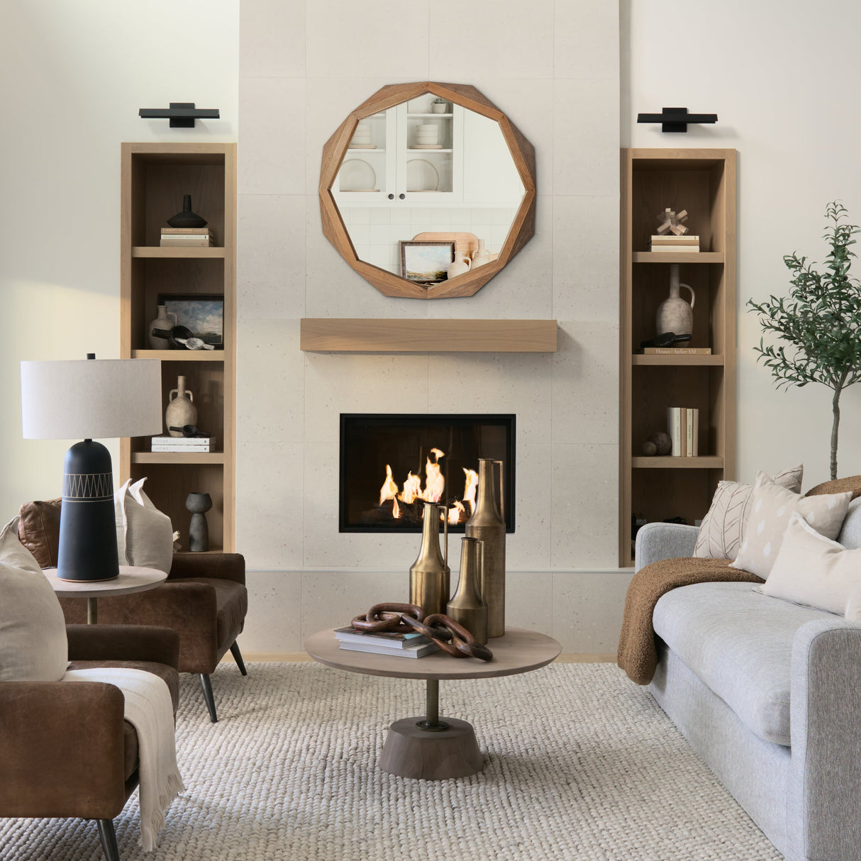 Aramis II Octagon Brown Wood Frame Wall Mirror by Mercana at Eve Furniture