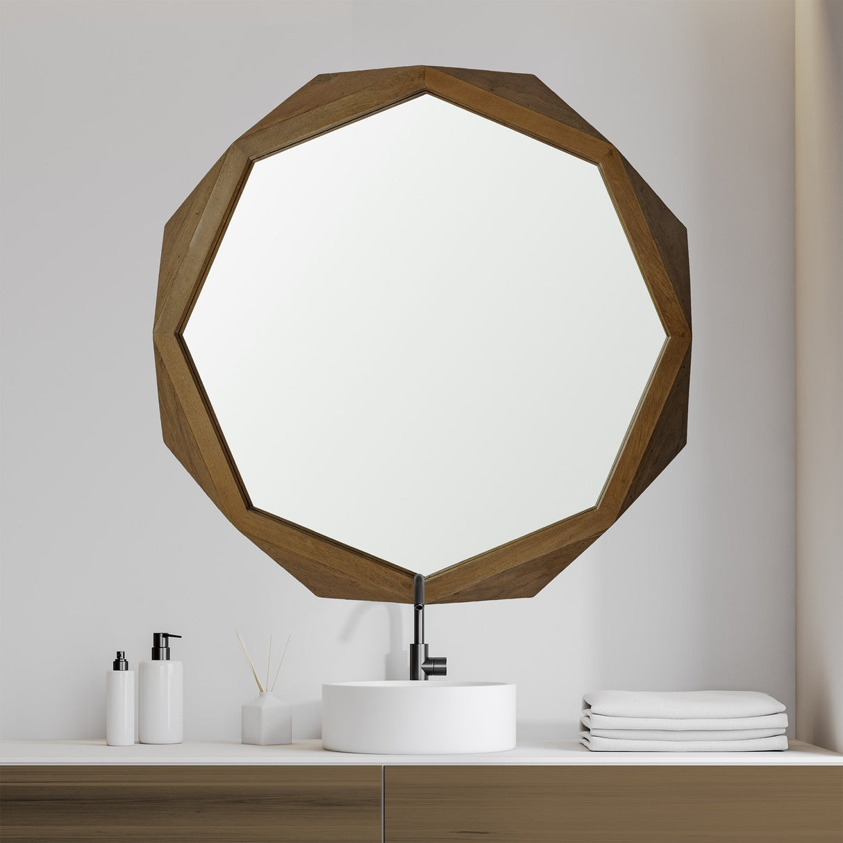 Aramis II Octagon Brown Wood Frame Wall Mirror by Mercana at Eve Furniture