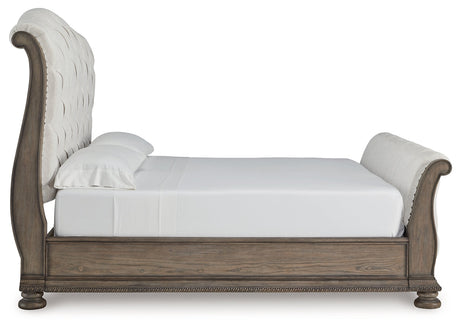 Ardenfield Light Brown King Sleigh Bedroom Set with Dresser, Mirror and Nightstand by Ashley at Eve Furniture