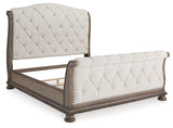 Ardenfield Light Brown King Sleigh Bedroom Set with Dresser, Mirror and Nightstand by Ashley at Eve Furniture