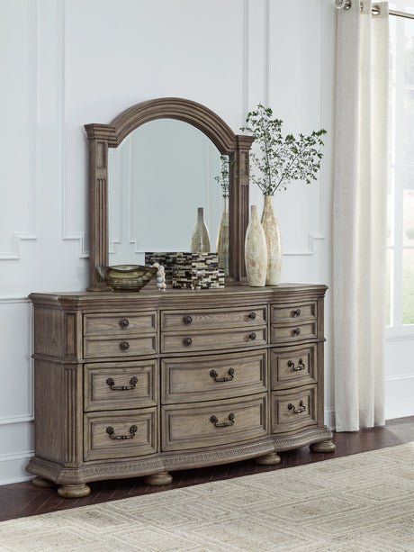Ardenfield Light Brown King Sleigh Bedroom Set with Dresser, Mirror and Nightstand by Ashley at Eve Furniture