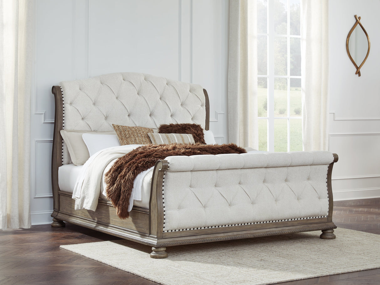 Ardenfield Light Brown King Sleigh Bedroom Set with Dresser, Mirror and Nightstand by Ashley at Eve Furniture