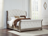 Ardenfield Light Brown King Sleigh Bedroom Set with Dresser, Mirror and Nightstand by Ashley at Eve Furniture