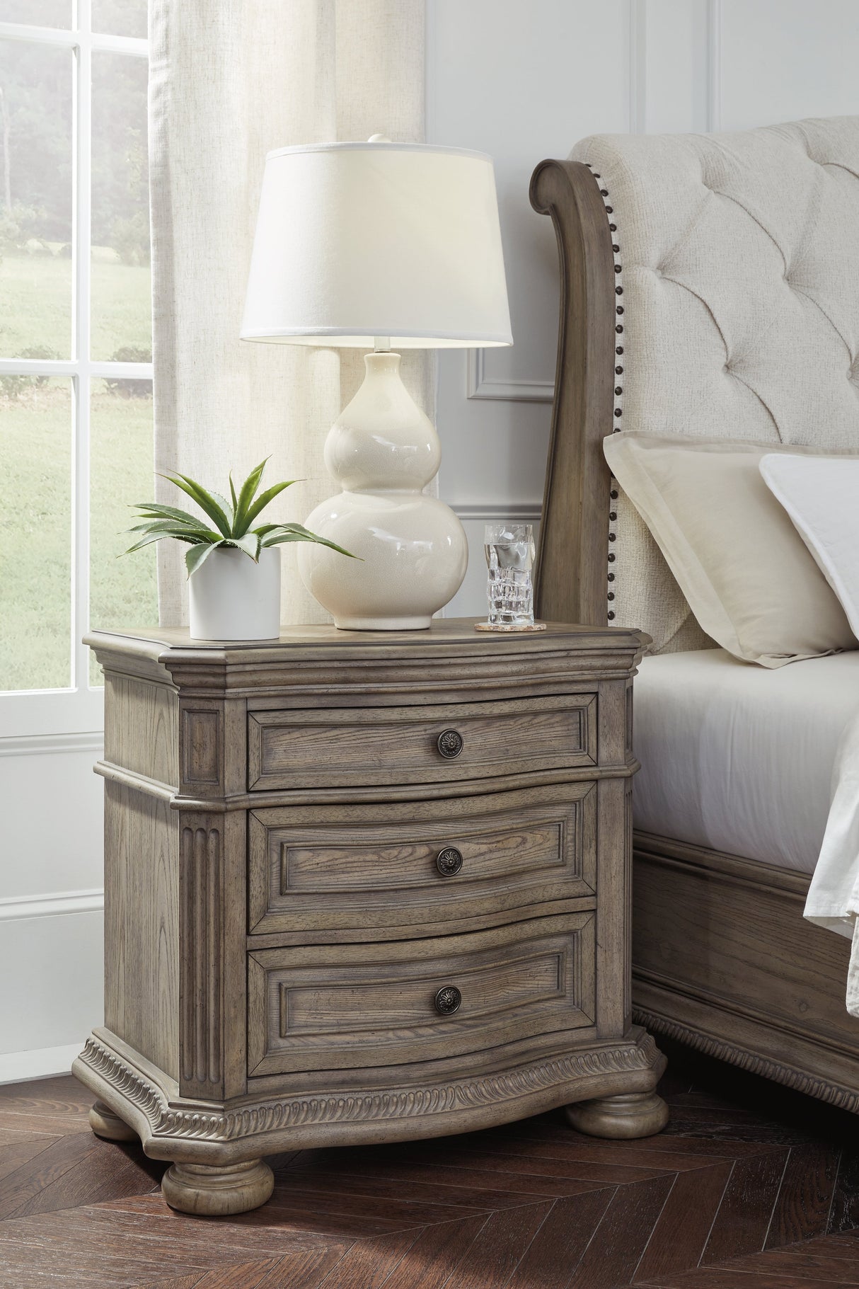 Ardenfield Light Brown King Sleigh Bedroom Set with Dresser, Mirror and Nightstand by Ashley at Eve Furniture