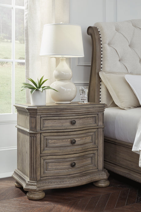 Ardenfield Light Brown King Sleigh Bedroom Set with Dresser, Mirror and Nightstand by Ashley at Eve Furniture