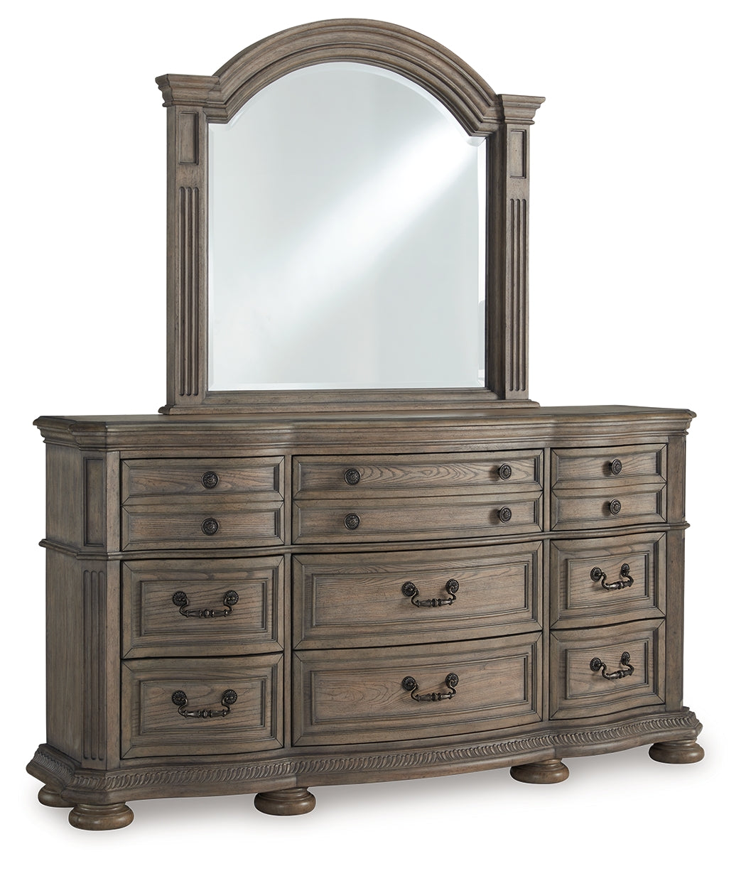 Ardenfield Light Brown King Sleigh Bedroom Set with Dresser, Mirror and Nightstand by Ashley at Eve Furniture