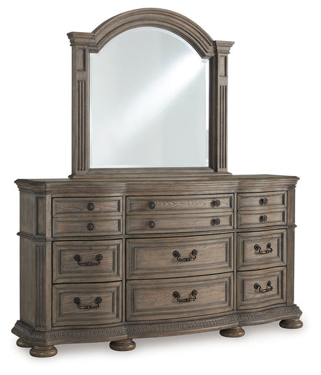 Ardenfield Light Brown King Sleigh Bedroom Set with Dresser, Mirror and Nightstand by Ashley at Eve Furniture
