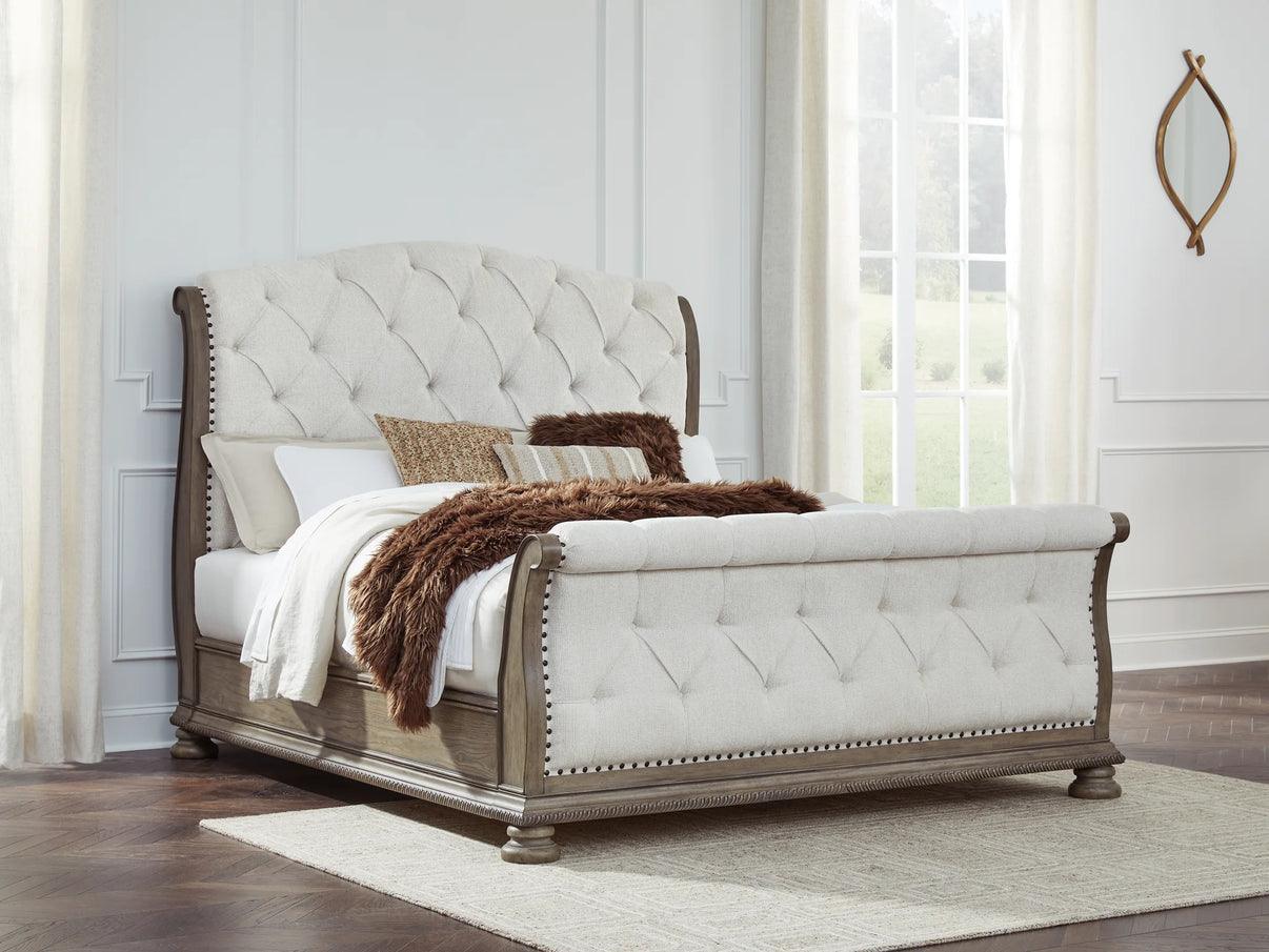 Ardenfield Light Brown King Upholstered Sleigh Bed by Ashley at Eve Furniture