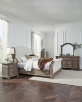 Ardenfield Light Brown Upholstered Sleigh Bedroom Set by Ashley at Eve Furniture