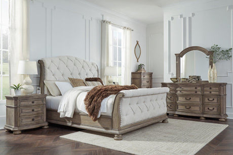 Ardenfield Light Brown King Upholstered Sleigh Bed by Ashley at Eve Furniture