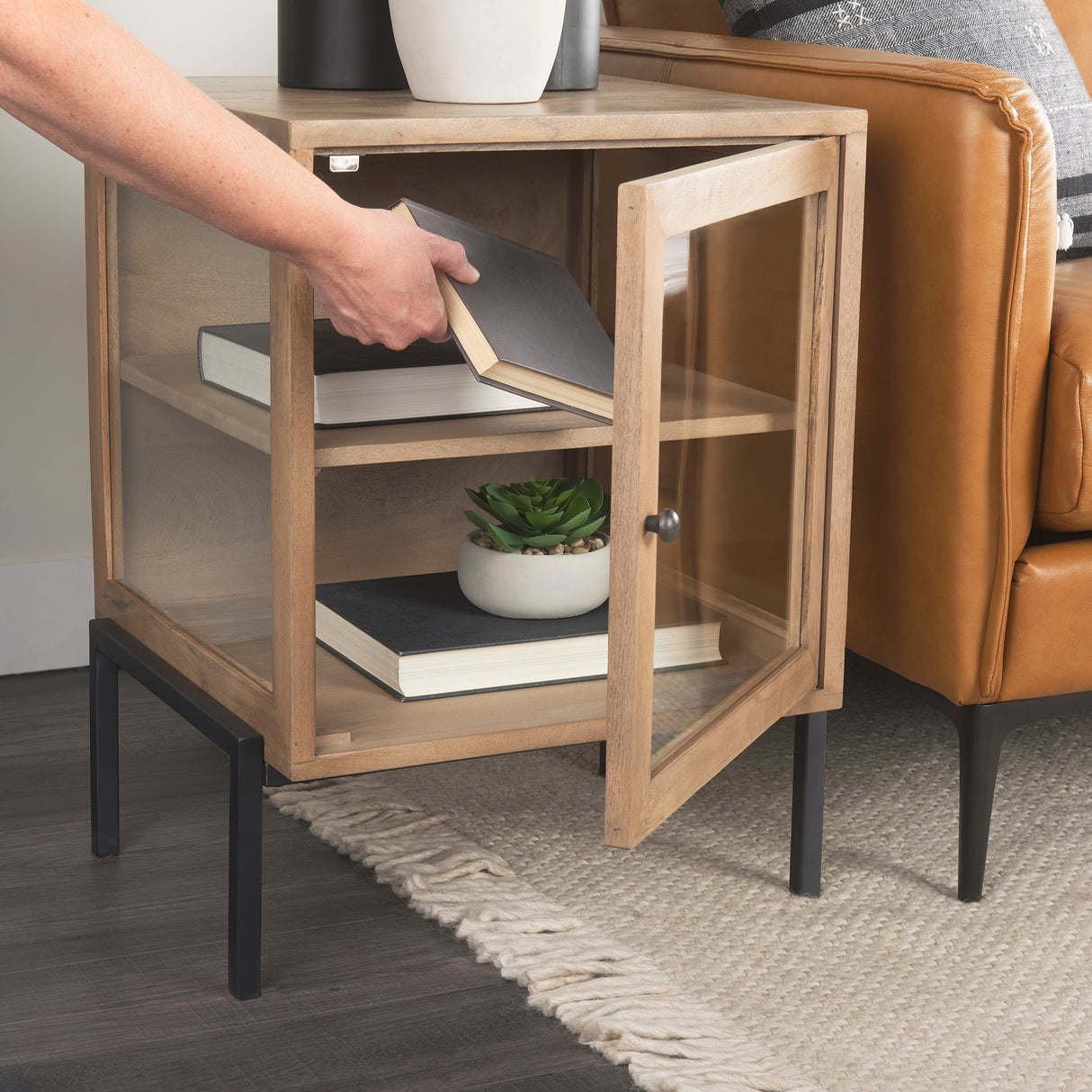 Arelius 20L x 18W x 26H Light Brown Wood W/ Black Metal Frame End/Side Table by Mercana at Eve Furniture