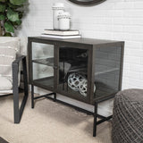 Arelius 36L x 18W Black-Brown Wood, Black Metal Base w/ 2 Glass Doors Accent Cabinet by Mercana at Eve Furniture