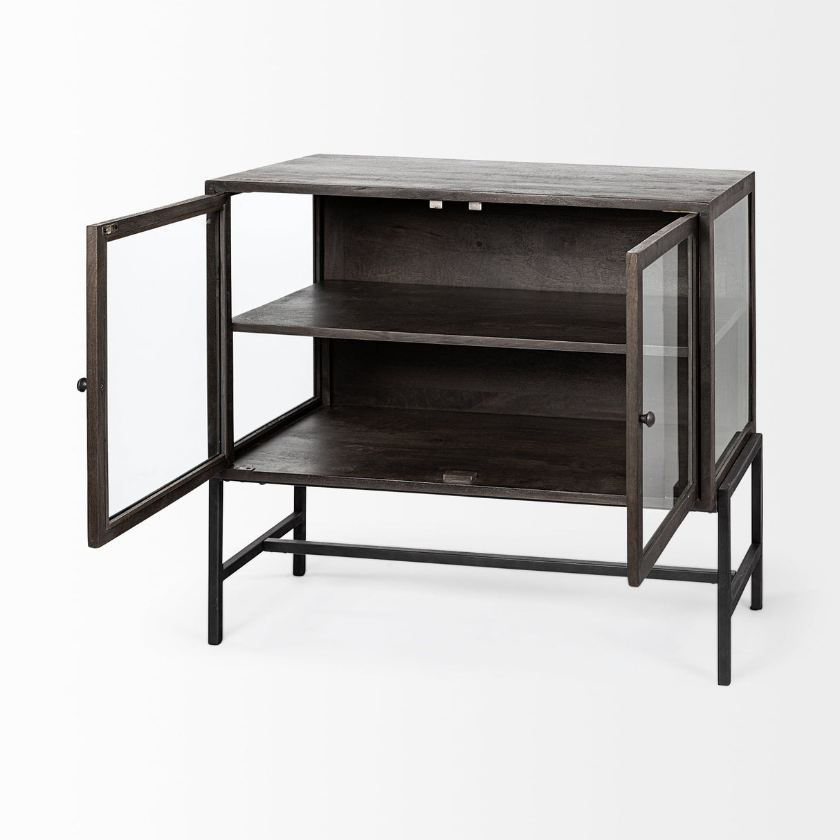 Arelius 36L x 18W Black-Brown Wood, Black Metal Base w/ 2 Glass Doors Accent Cabinet by Mercana at Eve Furniture