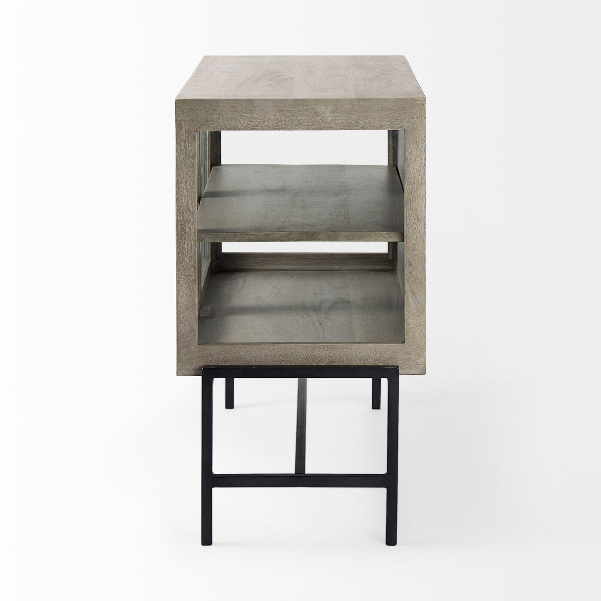 Arelius 36L x 18W x 32H Gray Wood, Black Metal Base w/ 2 Glass Doors Accent Cabinet by Mercana at Eve Furniture