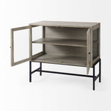 Arelius 36L x 18W x 32H Gray Wood, Black Metal Base w/ 2 Glass Doors Accent Cabinet by Mercana at Eve Furniture