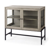 Arelius 36L x 18W x 32H Gray Wood, Black Metal Base w/ 2 Glass Doors Accent Cabinet by Mercana at Eve Furniture