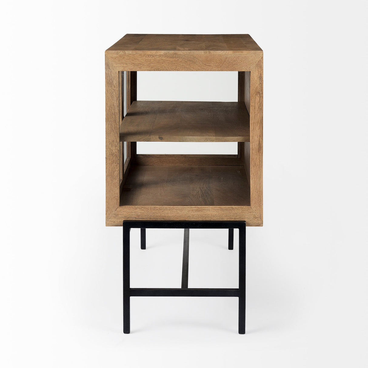 Arelius 36L x 18W x 32H Light Brown Wood, Black Metal Base w/ 2 Glass Doors Accent Cabinet by Mercana at Eve Furniture