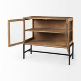 Arelius 36L x 18W x 32H Light Brown Wood, Black Metal Base w/ 2 Glass Doors Accent Cabinet by Mercana at Eve Furniture