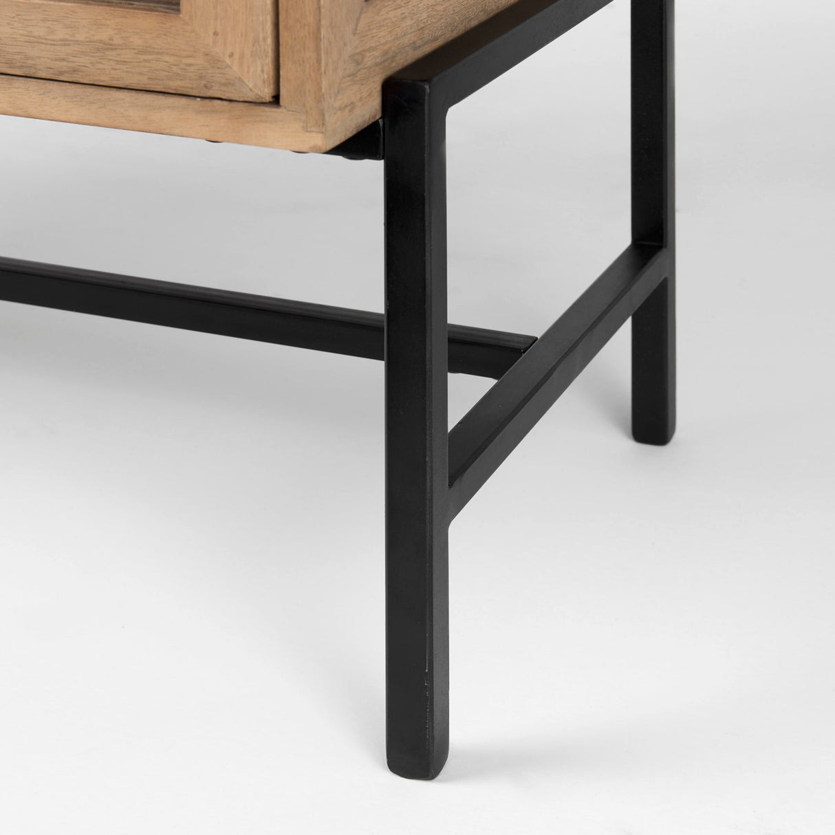 Arelius 36L x 18W x 32H Light Brown Wood, Black Metal Base w/ 2 Glass Doors Accent Cabinet by Mercana at Eve Furniture