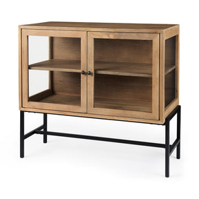 Arelius 36L x 18W x 32H Light Brown Wood, Black Metal Base w/ 2 Glass Doors Accent Cabinet by Mercana at Eve Furniture