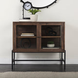 Arelius 36L x 18W x 32H Medium Brown Wood, Black Metal Base w/ 2 Glass Doors Accent Cabinet by Mercana at Eve Furniture
