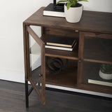 Arelius 36L x 18W x 32H Medium Brown Wood, Black Metal Base w/ 2 Glass Doors Accent Cabinet by Mercana at Eve Furniture