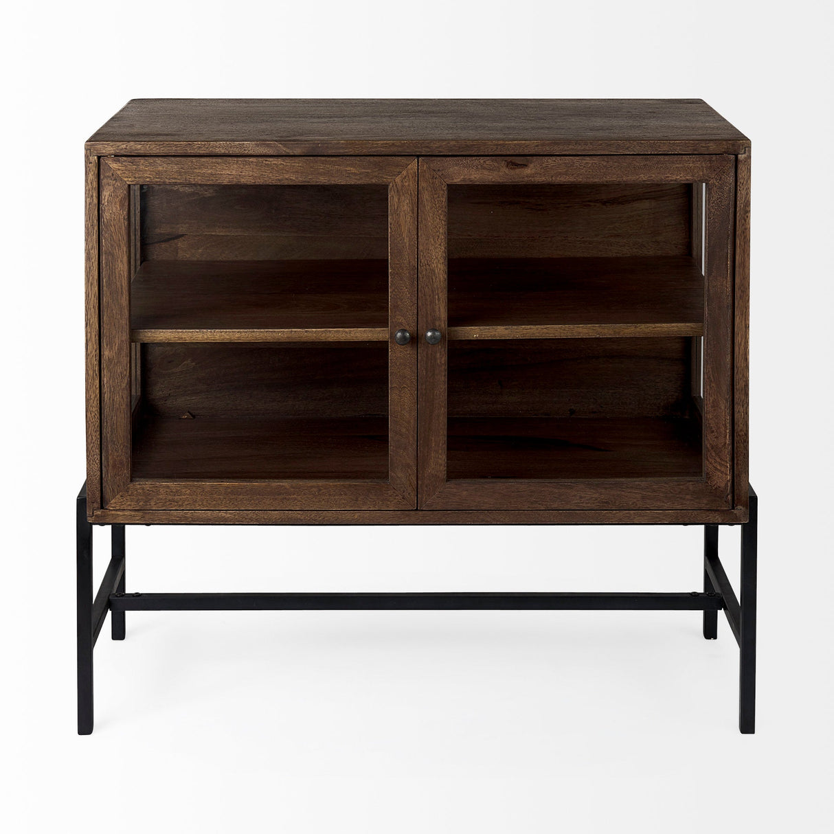 Arelius 36L x 18W x 32H Medium Brown Wood, Black Metal Base w/ 2 Glass Doors Accent Cabinet by Mercana at Eve Furniture