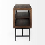 Arelius 36L x 18W x 32H Medium Brown Wood, Black Metal Base w/ 2 Glass Doors Accent Cabinet by Mercana at Eve Furniture
