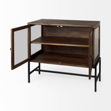 Arelius 36L x 18W x 32H Medium Brown Wood, Black Metal Base w/ 2 Glass Doors Accent Cabinet by Mercana at Eve Furniture