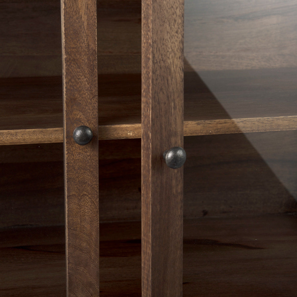 Arelius 36L x 18W x 32H Medium Brown Wood, Black Metal Base w/ 2 Glass Doors Accent Cabinet by Mercana at Eve Furniture