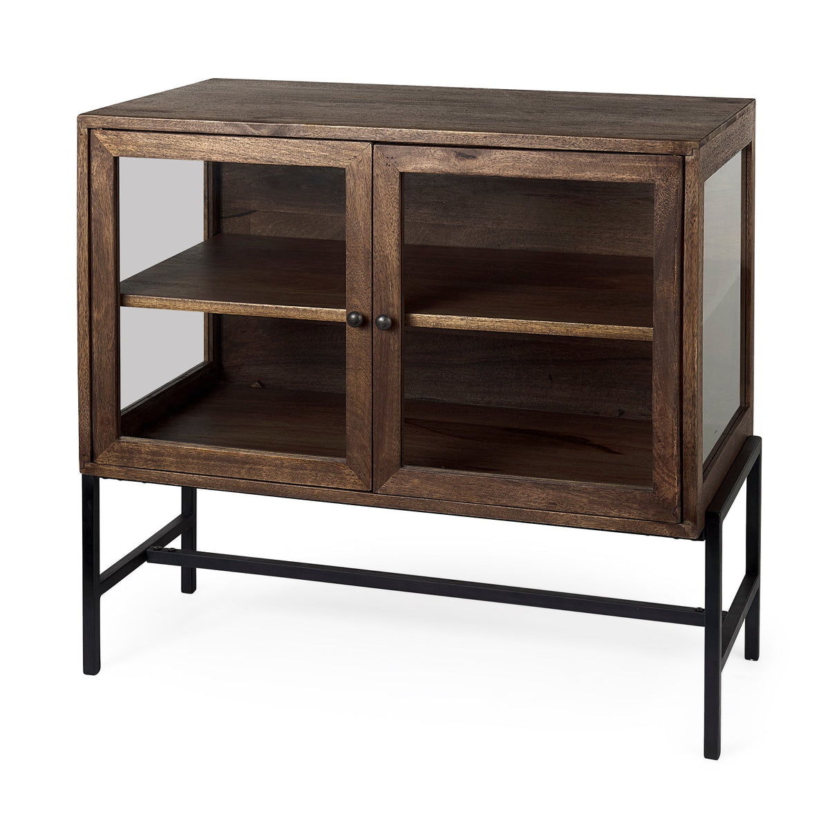Arelius 36L x 18W x 32H Medium Brown Wood, Black Metal Base w/ 2 Glass Doors Accent Cabinet by Mercana at Eve Furniture