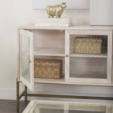 Arelius 36L x 18W x 32H White Wood, Gold Metal Base w/ 2 Glass Doors Accent Cabinet by Mercana at Eve Furniture