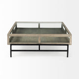 Arelius 42" Square Glass-Top Gray Wood w/ Black Metal Base Display Coffee Table by Mercana at Eve Furniture