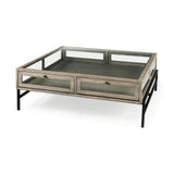 Arelius 42" Square Glass-Top Gray Wood w/ Black Metal Base Display Coffee Table by Mercana at Eve Furniture