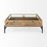 Arelius 42" Square Glass-Top Light Brown w/ Black Metal Base Display Coffee Table by Mercana at Eve Furniture