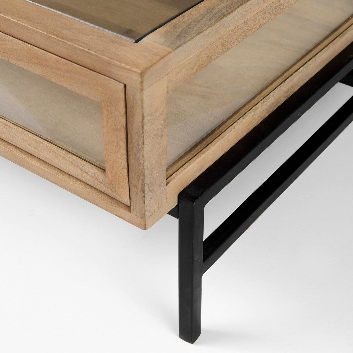 Arelius 42" Square Glass-Top Light Brown w/ Black Metal Base Display Coffee Table by Mercana at Eve Furniture