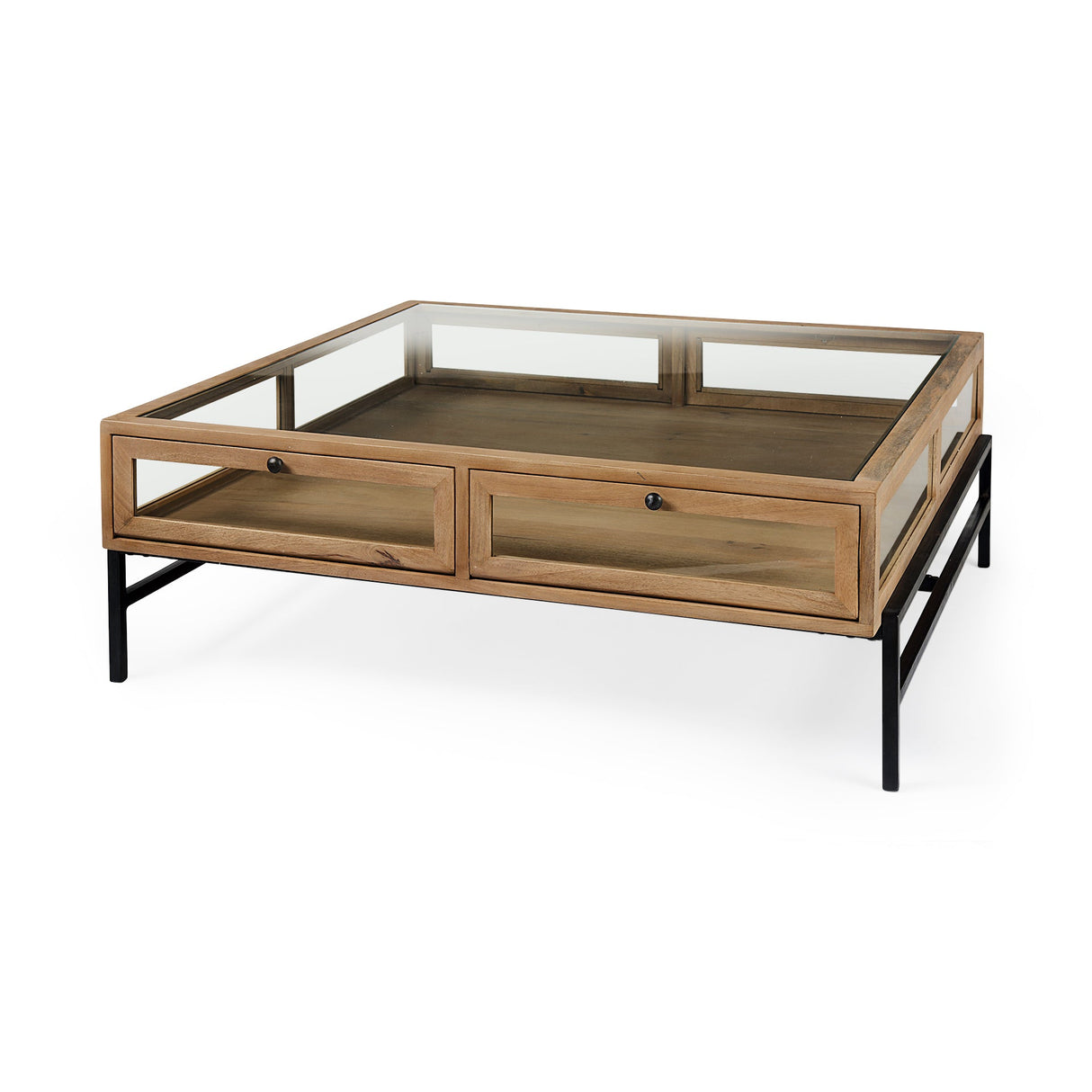 Arelius 42" Square Glass-Top Light Brown w/ Black Metal Base Display Coffee Table by Mercana at Eve Furniture